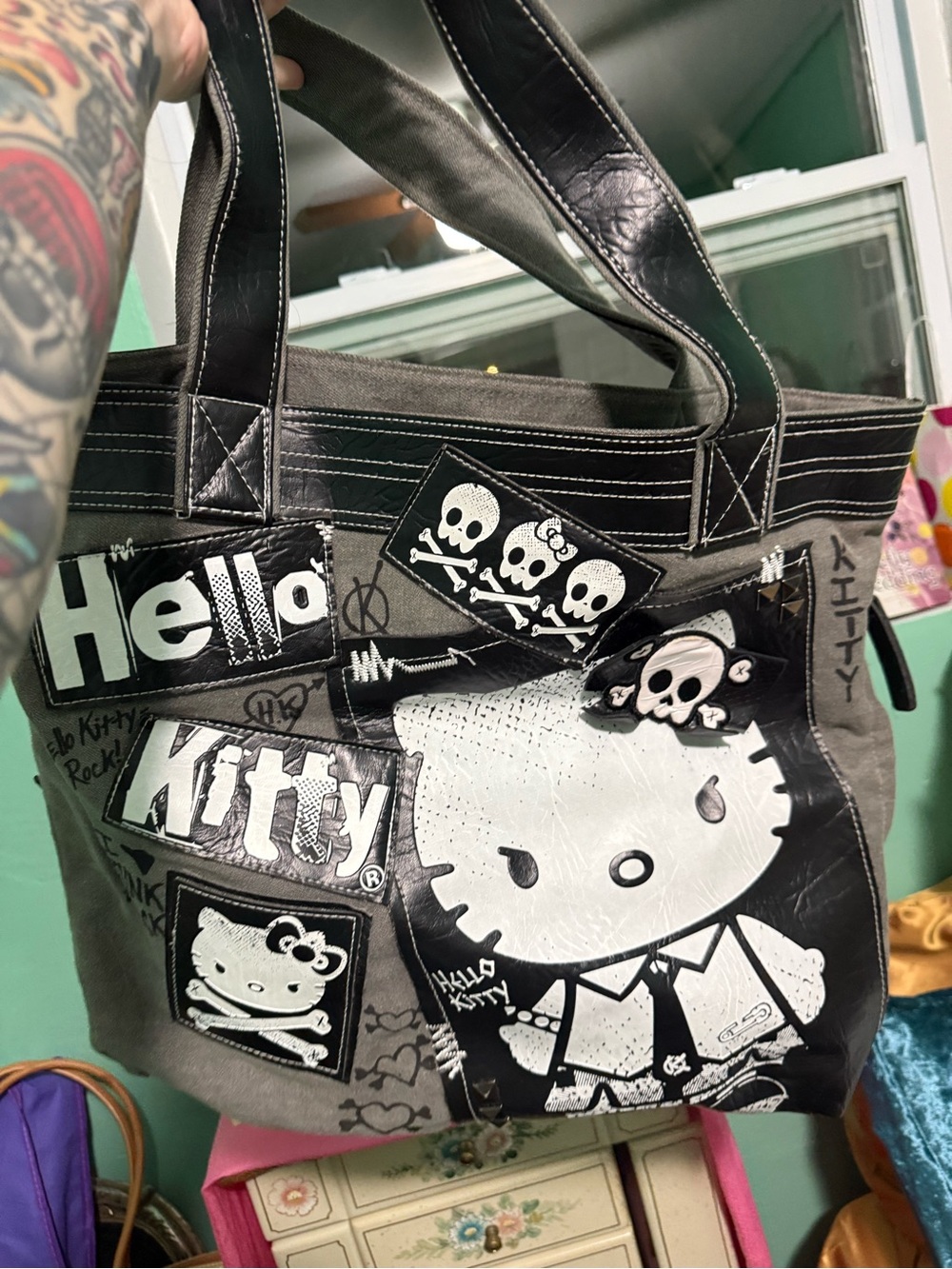 Sanrio Hello Kitty Black and Gray Graphic Tote vintage punk rock